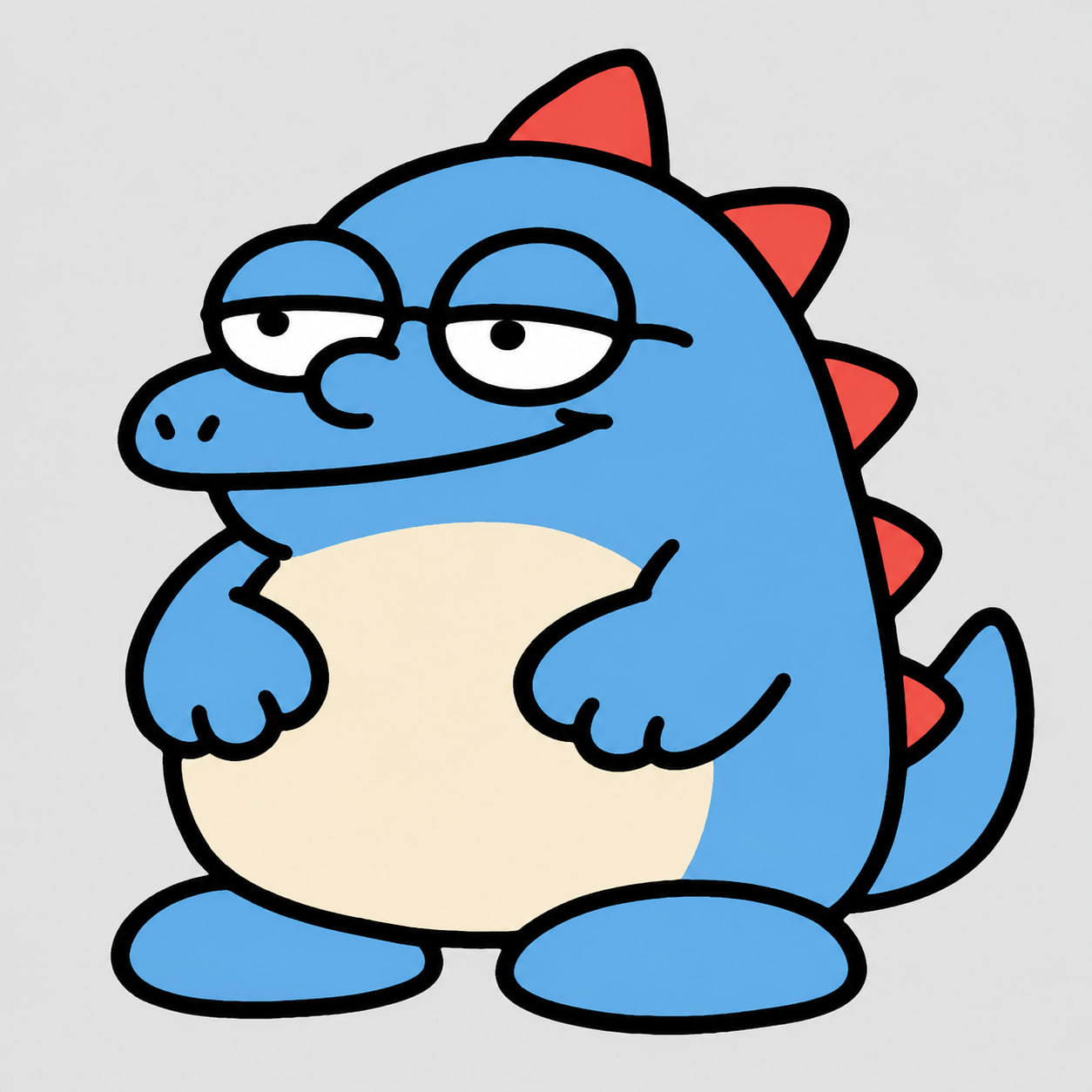 Derpy Dino, a blue hand-drawn dinosaur with red spikes and a suspiciously calm expression